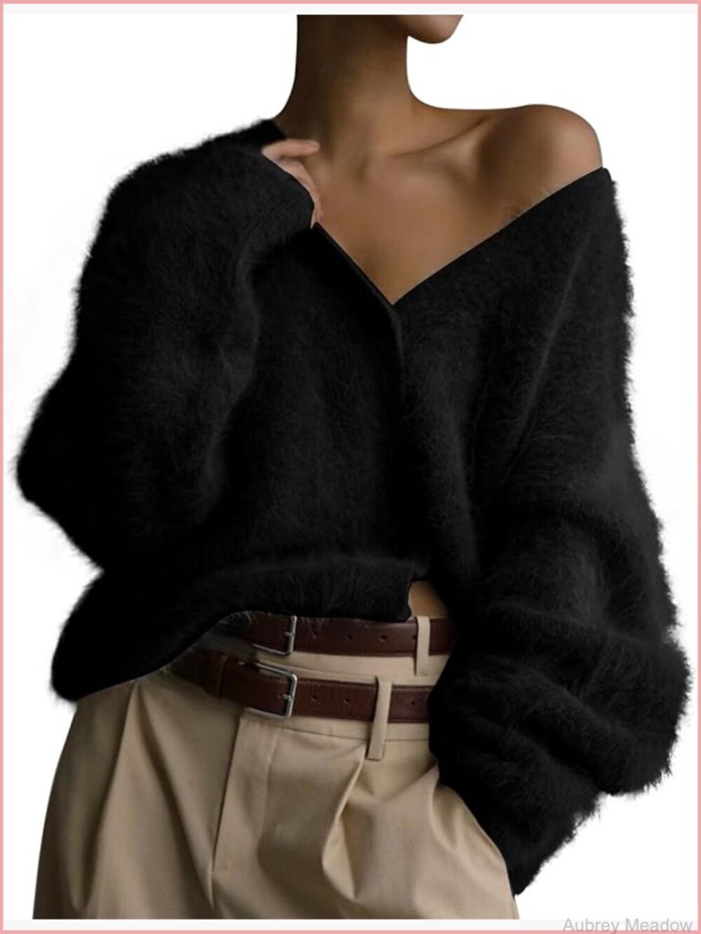 V Neck Fuzzy Cardigan Sweater Long Sleeve Button Down Slouchy Drop Shoulder